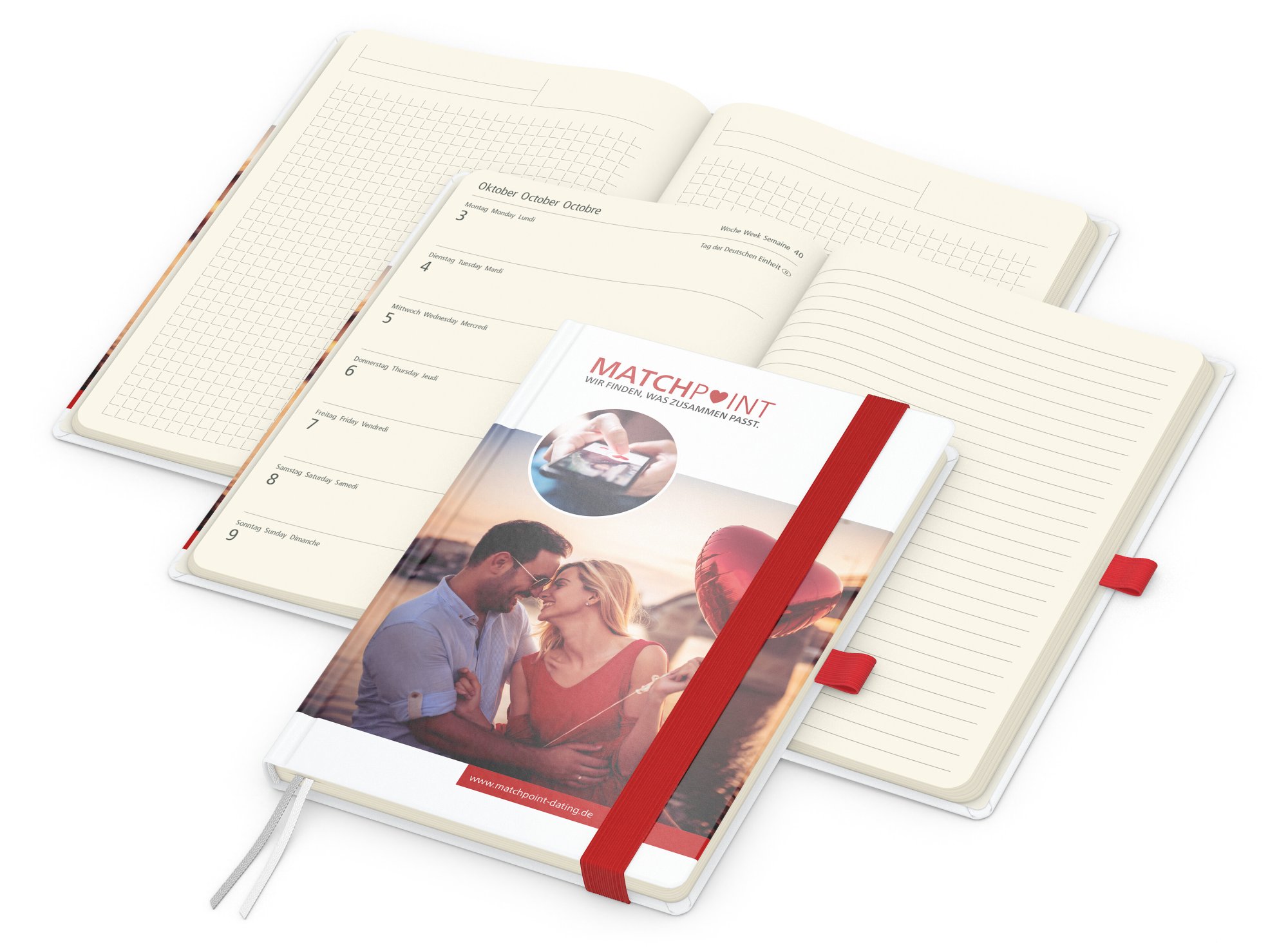 Wochenkalender links + Notizen rechts Match-Hybrid, Papier glänzend, rot