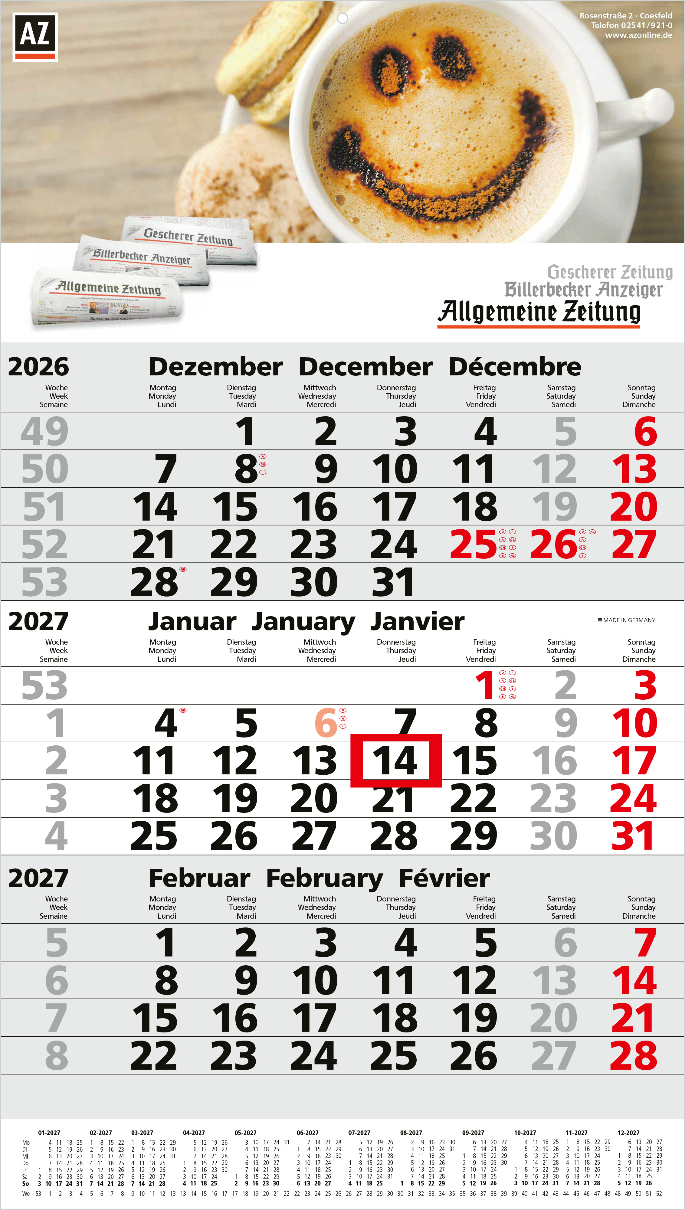 3-Monatskalender Einblatt Primus 3 Post A