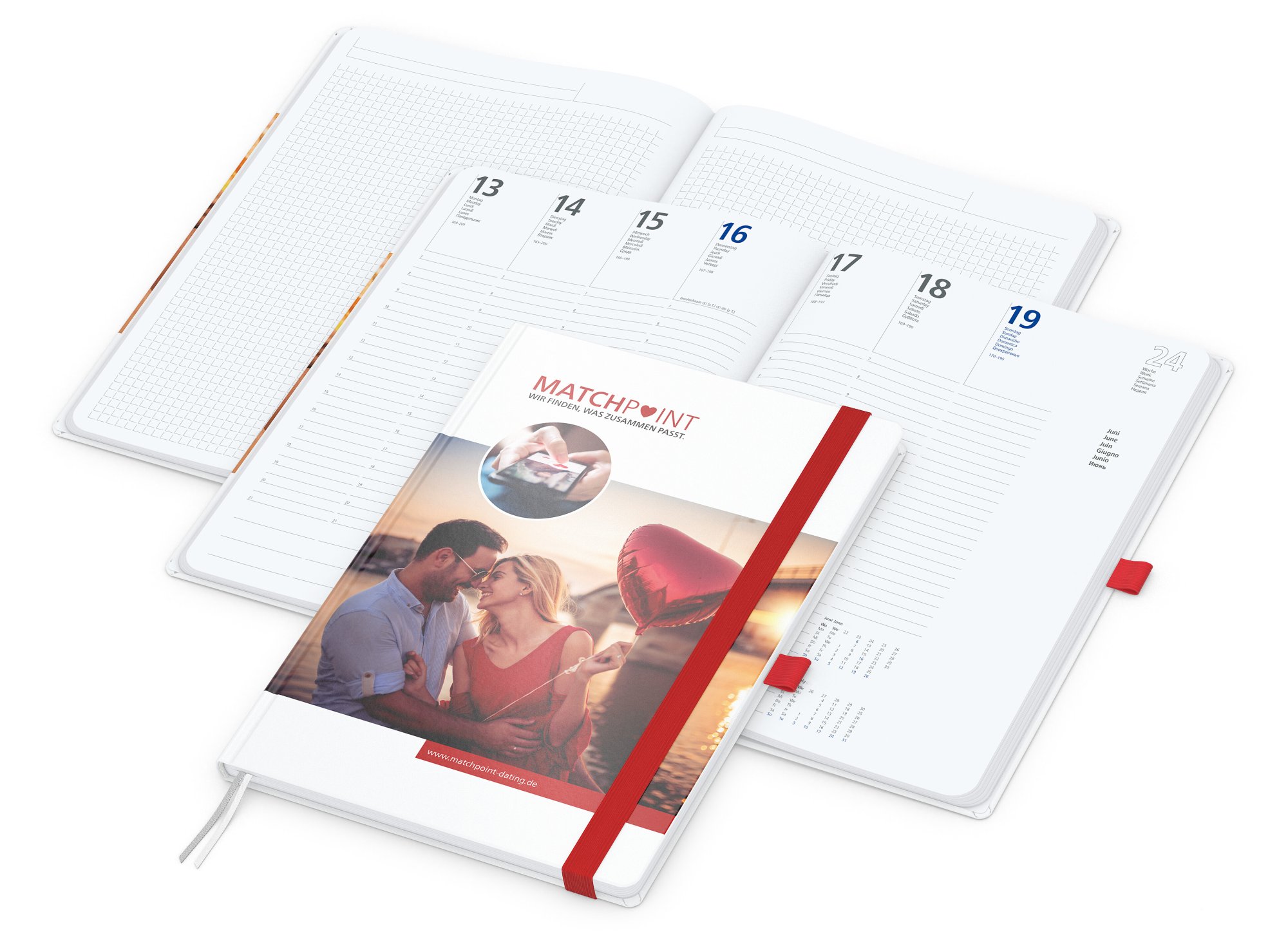 Wochenkalender vorne + Notizen hinten Match-Hybrid, A4, Papier glänzend, rot