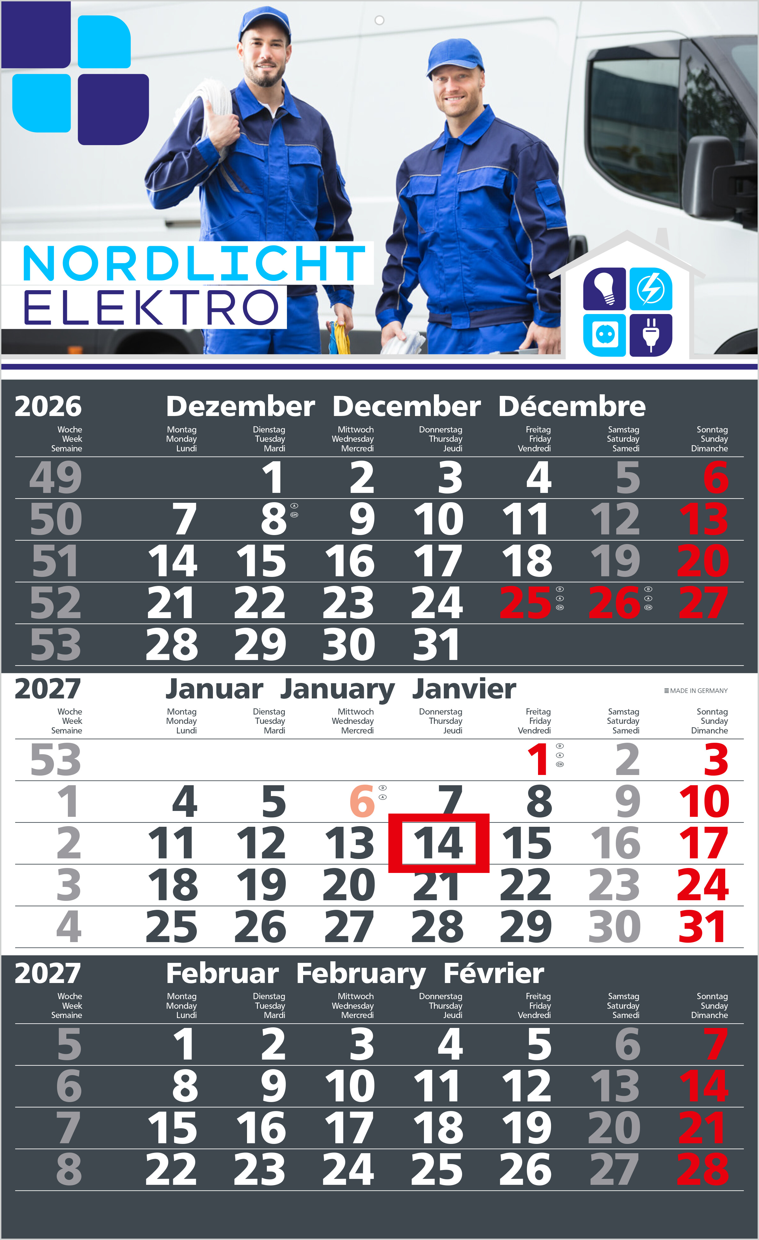 3-Monatskalender Einblatt Solid 3 Schrift klassisch