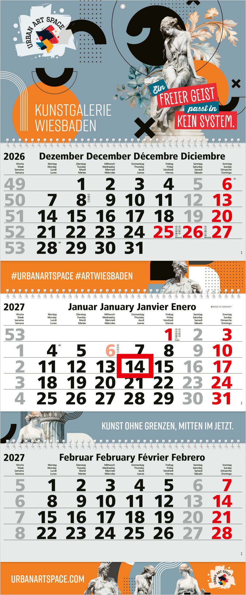 3-Monatskalender Mehrblock Maxi Wire-O 3
